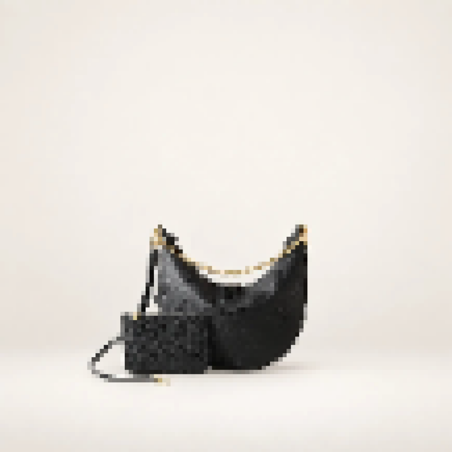 Black Embossed Hobo Bag – Women's Large Crescent Shoulder Purse with Removable Pouch